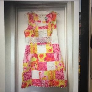 LILLY PULITZER Floral Patchwork Dress White Crochet EUC